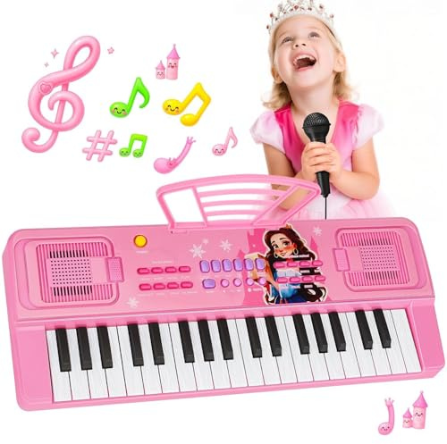 Infantil Piano Teclado 37 Teclas con Micrófono Atril, Rosa | Portátil Juguete Musical para 3 4 5 6 Años Principiante Niños y Niñas, Regalos Navidad Cumpleaños