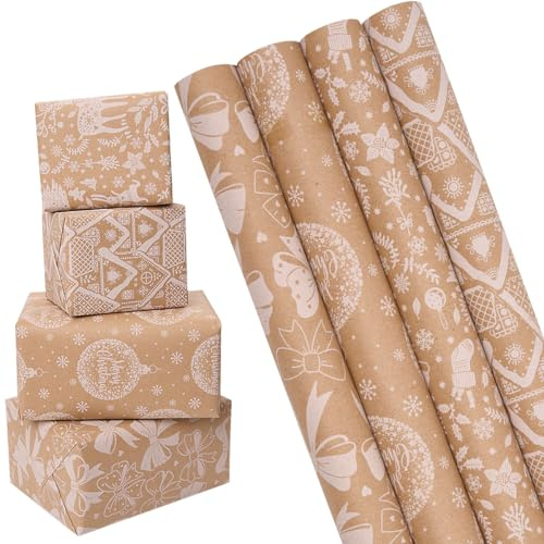 Weihnachtspapierrolle aus Kraftpapier: 4 Rollen, recycelbar, festliches Design für Weihnachten, Thanksgiving und Geburtstage – 43 cm x 3 m