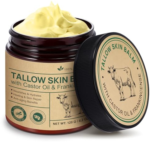 Beef Tallow Balm with Frankincense and Castor Oil, 4.2 Fl Oz Beef Tallow Skin Care Cream Moisturizer Face & Body, Deeply Hydrating Dry Skin, Reduces Irritation Skin and Sensitivity