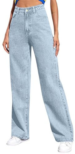 Pantalon Vaquero Mujer Rectos Vaqueros Elástico Anchos Cintura Alta Jeans Holgados Pantalon Pata Ancha Classico con Bolsillos Pantalones Boyfriend Elegantes Vintage Casual Comodos