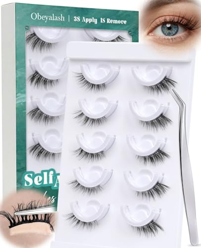 Obeyalash Självhäftande ögonfransar, halva ögonfransar – 3/4 förlimmade ögonfransar, självhäftande ögonfransar utan lim, 5 par Press On Lashes halva naturliga ögonfransar med 10 extra självhäftande