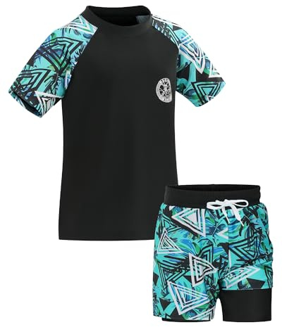 KAKU NANU Badset för pojkar (104–164 cm) 2-delad kortärmad Rashguard-skjorta med dubbla lager badshorts solskydd simkläder för barn, blå, svart, 164