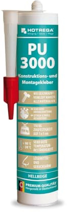 HOTREGA PU 3000 Montagekleber 310 ml | Hellbeige Konstruktionskleber | Polyurethan-Kleber für Holz, Metall & Beton | Wasserfest | Schnellhärtend | Natursteinverträglich | Innen & Außen