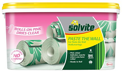 Solvite Paste the Wall, Ready to Roll, Wallcoverings Adhesive, Extra Strong, Non-drip Formula, Hangs up to 5 Rolls, Rolls on Pink, Dries Clear, Guaranteed No Staining, 4.5kg