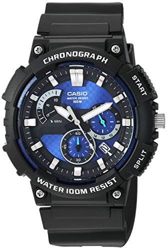 Casio MCW200H Series Men's Analog Watch, Black/Blue, 100M Water Resistant, Retrograde Chronograph, 1/20-Second Stopwatch, Date Display, Multi-Dial Design, Resin Glass, Durable Case and Band, 3-Year Battery