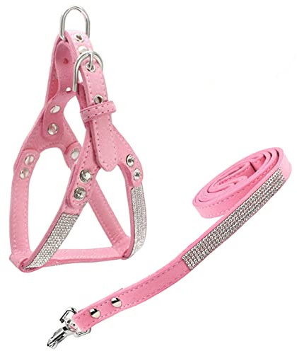 Newtensina Mode Hundegeschirr mit Diamant und Leine Bling Niedlich Hundegeschirr Welpen Geschirr mit Bling Leine für Klein Hunde Mittlere Hunde