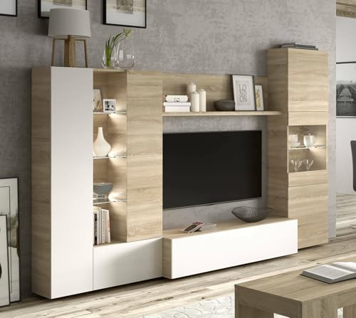 Dmora - Parete attrezzata Raleigh, Mobile da soggiorno porta TV modulare, Composizione salotto con pensili e vetrine e luce led, 260x42h185 cm, Rovere e Bianco