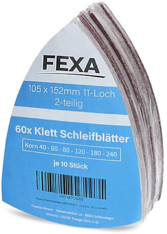 Fexa Schleifblatt Set 60 Stück - Schleifpapier für Multischleifer - Klett Schleifpapier für Deltaschleifer - 105 x 152 mm, 40-240 Körnung, 11-Loch