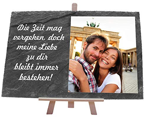wandmotiv24 Schieferplatte mit Staffelei personalisiert mit Foto, 30x20cm (BxH), personalisierte Geschenke zur Hochzeit, Valentinstag, Jahrestag, Geschenkidee für Ihn und Sie, Spruch: Die Zeit ? M0020