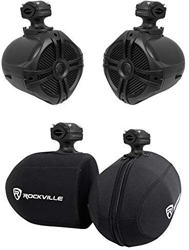 Rockville RWB70B Bundle: Pair of 6.5-in Black 2-Way 250-Watt Peak / 150-Watt RMS 360° Swivel Marine Wakeboard Tower Speakers, Pair of RWBC 6.5 in Neoprene Speaker Covers, 2-Items