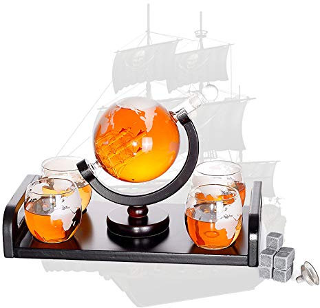 Antique Ship Whiskey Decanter Set,World Etched Globe Decanter with Whiskey Stones, 4 Glasses and Stainless Steel Pouring Funnel, 1000ml Capacity