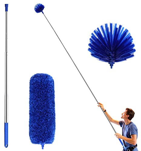 ZZ LAZYCOTTAGE Cobweb Duster with Extension Pole, Washable Cleaning Duster Kit with 2 Duster Heads, Cobweb Duster, Corner Brush, Aluminum Telescoping Pole for Ceiling Fan (Blue)