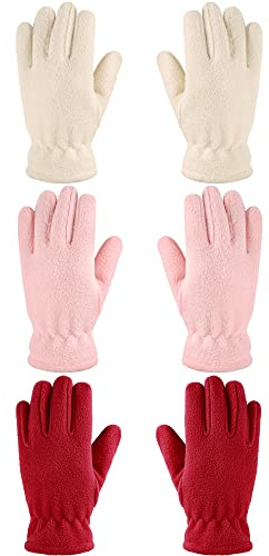 Geyoga 3 Paar Kinder Vlies Handschuhe Vollfinger Fäustlinge für Jungen Mädchen (Hellrosa, Beige, Rot, S (4-7 Jahre))