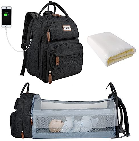 SNDMOR Wickeltasche Rucksack, Baby Wickeltasche mit Wickelstation, Große Unisex Babytasche mit Wickelunterlage, Großes Fassungsvermögen, Wasserdicht und Stylisch (Schwarz)