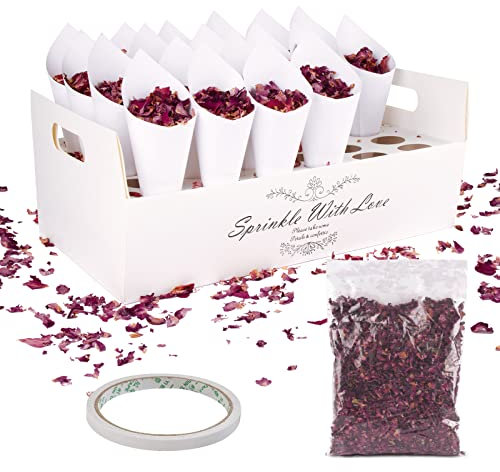 BOFUNX 30pcs Conos Arroz Boda de Papel+1pcs Caja Soporte+50g Pétalos de Rosa Secos Artículos Recuerdos para Confeti Petalos Caramelos Arroz Flores para Decoración Boda Fiesta Ceremonia Bautismo