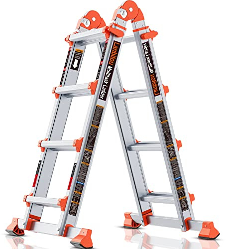 LANBITOU Ladder, A Frame 4 Step Ladder Extension, 14 FT Anti-Slip Multi Position & Storage Folding Ladder, 330 lbs Security Load Telescoping Aluminum Ladders for Stairs Home Indoor Outdoor Roof