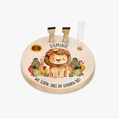 Geburtstagskranz/Kerzenteller aus Holz mit deinem Wunschnamen personalisiert - Motiv 01 Löwe