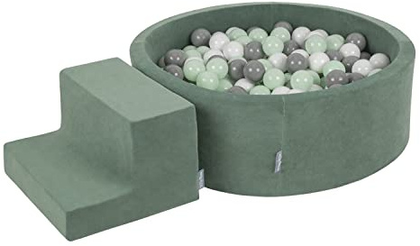 KiddyMoon Lekområde i skum med rund bollhav för barn pool (200 bollar) + steg, skogsgrön: vit/grå/mynta