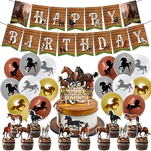 ZOOMPIL Horse Birthday Decorations, 32pcs Horse Cupcake Toppers, Banners, Pull Flags, Plug-in Rows, Balloons, Coil, Dispensing, Brown, Grey, Animal Print, for Kids Birthday Party Decorations