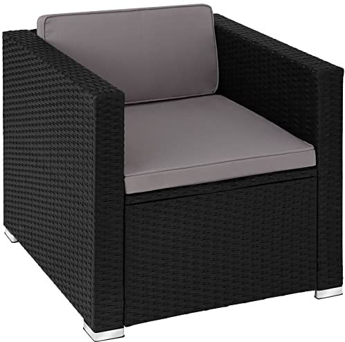 tectake® Poly Rattan bequemer Sessel mit Armlehnen, Outdoor Gartenmöbel für Balkon, Garten, Lounge, 70 x 69 x 65 cm, Wasserabweisende und waschbare Bezüge, inkl. Sitz- & Rückenpolster - schwarz