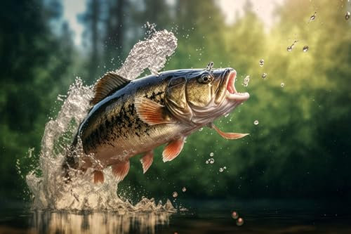 Acryl-Bild 60 x 40 cm: Fische springen aus dem Wasser im Teich mit Spritzern gegen verschwommene Natur, digitale Illustrationsmalerei, generative KI (199629512)