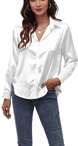 Camisa de Seda de satén para Mujeres - Botones, Manga Larga, Casual, Elegante (XL,Blanco)