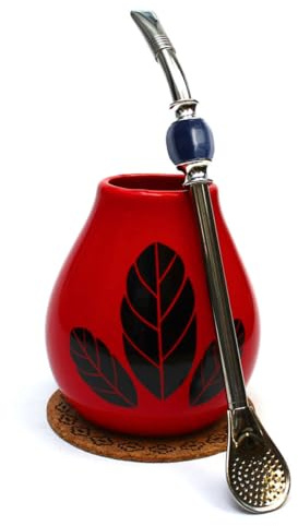 Mate Green Tasse à maté ● Tasse à maté Hoja Rouge ● Tasse en céramique et bombilla ● Bombilla en acier ● Paille ● Tasse en céramique Calebasses à thé