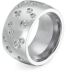 Mesnt Ring Damen Edelstahl, Edelstahl 12MM breiter Verlobungsring mit kubischem Zirkoniumdioxid für Damen Silber, Größe 60 (19.1)