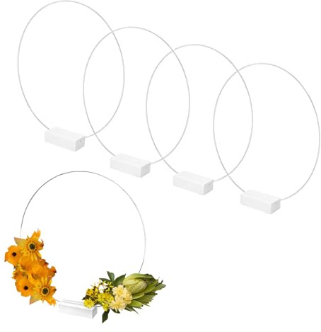 JK Home 4 Stück Tischdekoration Hochzeit Reifen aus Metall Kreis mit Ständer aus Holz Weihnachtskranz Verlobung Wanddekoration DIY Basteln Silber 25 cm