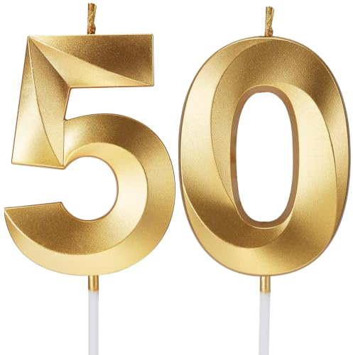 Birthday Candles Number Candles Age Year for Cakes Happy Birthday 3D Designed Wedding Anniversary Party Cake Topper Decorations (Gold, 50)