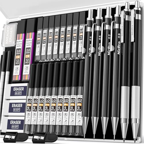 Nicpro 34PCS Black Art Mechanical Pencils Set, Metal Drafting Pencil 0.3, 0.5, 0.7, 0.9 mm & 2PCS 2mm Lead Holder (6B 4B 2B HB 2H 4H Colors) For Sketching Drawing With 19 Tube Lead Refills Case