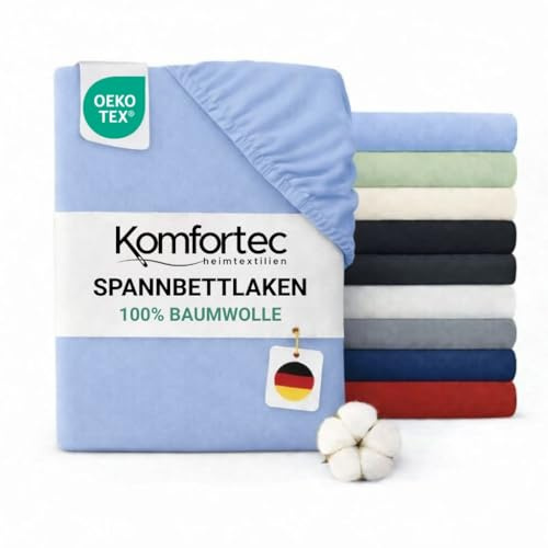Komfortec Lenzuolo con Angoli in Jersey 100% Cotone – 200x200 cm – 135 g/m² – Morbido, Traspirante e Delicato sulla Pelle – Certificato Oeko-Tex – Per Boxspring, Topper e Materassi – Azzurro