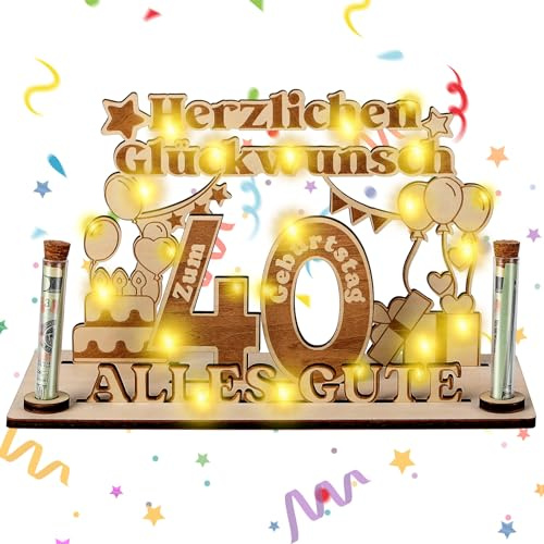 Jostift 40 Geburtstag Frauen Geschenk, Geldgeschenke Zum 40 Geburtstag Geldgeschenk Holz, mit Lichterketten, Geschenk 40 Mann, für Jubiläums und Geburtstagsgeschenke