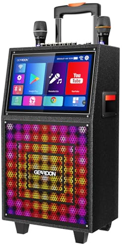 GEARDON Karaoke Machine with Lyrics Display Screen for Adults, Built-in 15 Inches Tablet, Bluetooth Speaker with 2 Wireless Mics, 1000W Peak Power, DJ Lights, Portable Karaoke System for Any Occasion