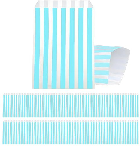 100 Stück Papiertüten, Gestreifte Butterbrottüten, Hellblau Candy bar Tüten, Klein Geschenktüten Tütchen Säckchen zum Verpacken von Geschenken, Giveaways, Kindergeburtstag, Hochzeit, Party, usw