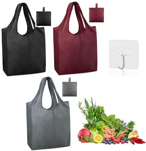 GmwyCzV 3 Stück Faltbare Einkaufstasche, Leichte Handtasche mit Tragegriffen und Kleiner Haken, Langlebig Wasserdicht Schnelltrocknend Einkaufsbeutel für Einkauf Reise Outdoor Camping
