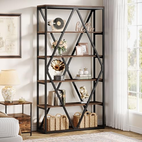 Tribesigns 71-inch Tall Bookshelf, 6 Tier Industrial Large Bookcase, Freestanding Open Book Shelf Display Shelf with Metal Frame, Wood Bookshelves Storage Shelving Unit for Living Room/Bedroom, Brown