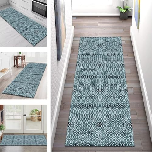 SGLGSTORE Teppich Läufer Lang Flur Küche Teppichläufer rutschfest Waschbar Küchenläufer Teppichmatten Türkis Boho Schmutzfangmatte 80X120CM Meterware Flurteppich Wohnzimmer Schlafzimmer Küchenteppich