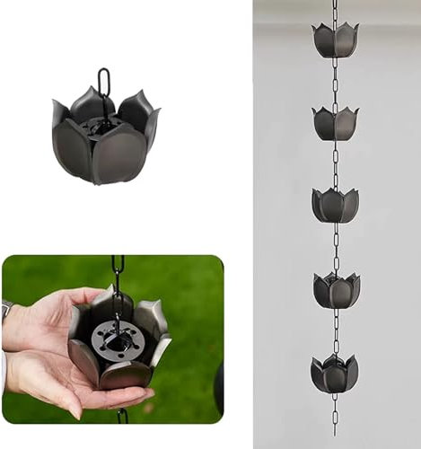 Schwarze Kunststoff-Lotusbecher-Regenkette für Dachrinnen, 4,5 m, Regenfängerkette als Ersatz für Fallrohr, Umleitung von Wasser und Outdoor-Dekoration, Blumenform, Regenketten