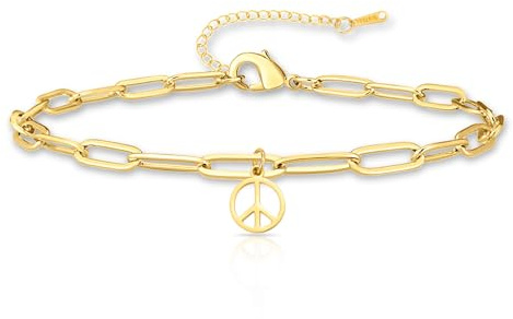 VASSAGO Peace-Zeichen-Armband, Fußkettchen für Damen und Herren, Liebe, Friedenszeichen, Symbol, Edelstahl, zierliche Büroklammer-Kette, Armbänder, 1960er-, 1970er-Jahre, Hippie-Party,