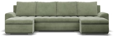 Mebligo - Ecksofa mit Schlaffunktion und 3 Bettkasten FORESTA 302x89x159 (BxHxT) Cord - Grün - Couch U Form, Sofa im Sitz: Wellenfeder + Schaumstoff, Sofas & Couches, Eckcouch