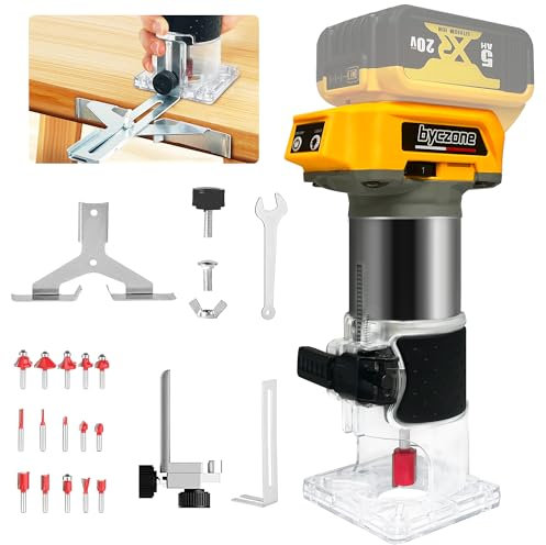 bycpower Akku Oberfräse für Dewalt 20V Akku, 800W Akku-Kantenfräse Set mit 6 Geschwindigkeit, 30000 U/min Bürstenloser Multifunktionsfräse Tragbarer Handfräser mit 15 Stück 1/4 Fräser Set(Ohne Akku)