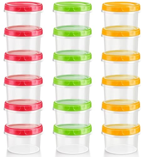 KAHEIGN 18Pcs Small Food Containers, 4oz /120ml Reusable Plastic Deli Bowls Stackable Food Storage Jars with Colorful Leakproof Lids - Dishwasher & Microwave & Freezer Safe (Red/Green/Yellow)