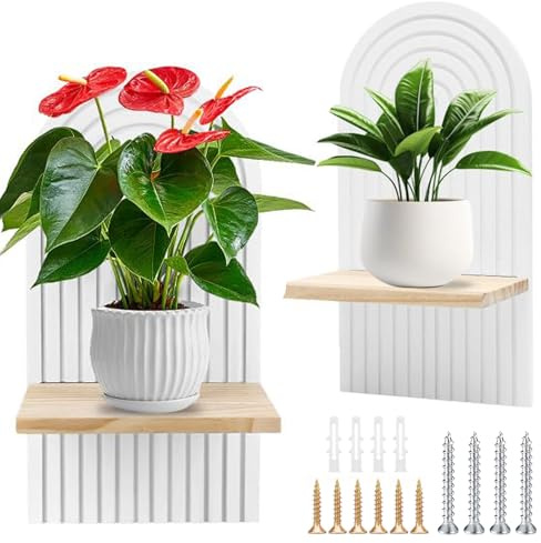 Wandregal Holz Boho Wanddeko, 2 Stück Boho Holz Regenbogen Wandregale, HöLzerne Wanddekoration mit Schrauben, Schweberegal Wandregal, Kleine Wand Pflanzregal, für Balkon, Badezimme, Büro (Weiß)