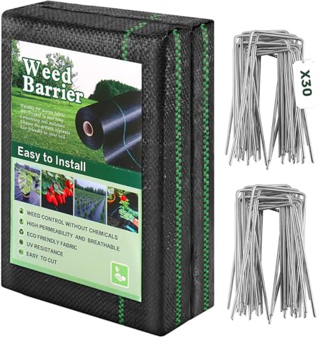 Membrana de control de malezas de 4 x 10 m, con 30 clavijas de jardín, tela resistente para control de malezas, cubierta de suelo, membrana supresora de malezas para huerto, jardín, tela permeable al