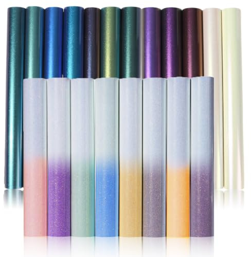 Blueshyhall Plotterfolie Textil Set mit 8 Farbwechsel UV Glitzer Folie und 12 Chamäleon Metallic Textilfolie, 30 x 25 cm Heat Transfer Vinyl HTV Aufbügelfolie Textil Flexfolie Bunt für DIY Stoff