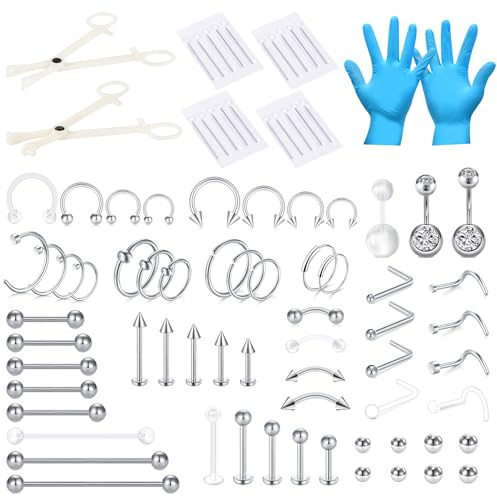 AceFun 85 pezzi dimensioni miste Piercing Kit Gioielli acciaio inox Labbro Naso Lingua Trago Cartilagine Daith Sopracciglio Ombelico Anelli Corpo Piercing Strumenti 14G 16G 18G 20G