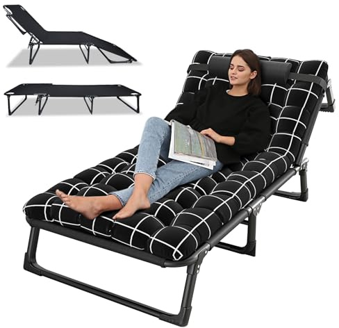 Luojuny Lit de Camp, Chaise Longue Pliante inclinable à 4 Positions pour Adultes avec Oreiller, lit de Camp d'extérieur, Parfait pour Le Bureau, la Piscine, la Plage, Le Patio 75 cm