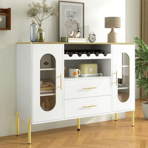Élégant Buffet 120 L x 38 B x 90 H avec 2 tiroirs et 2 Portes vitrées, Sideboard Moderne Blanc, idéal pour Le Salon, la Salle à Manger ou Le Couloir