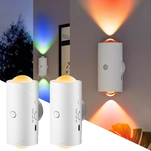 2 Stück Intelligentes LED-Nachtlicht mit Bewegungssensor, 8 Farben Farbverlauf Kabellose Wandleuchten, RGB Magnetische Sunset Lamp, AUTO/Dauer-EIN Dimmbar Aufladbar Lamp für Schlafzimmer (Weiß)